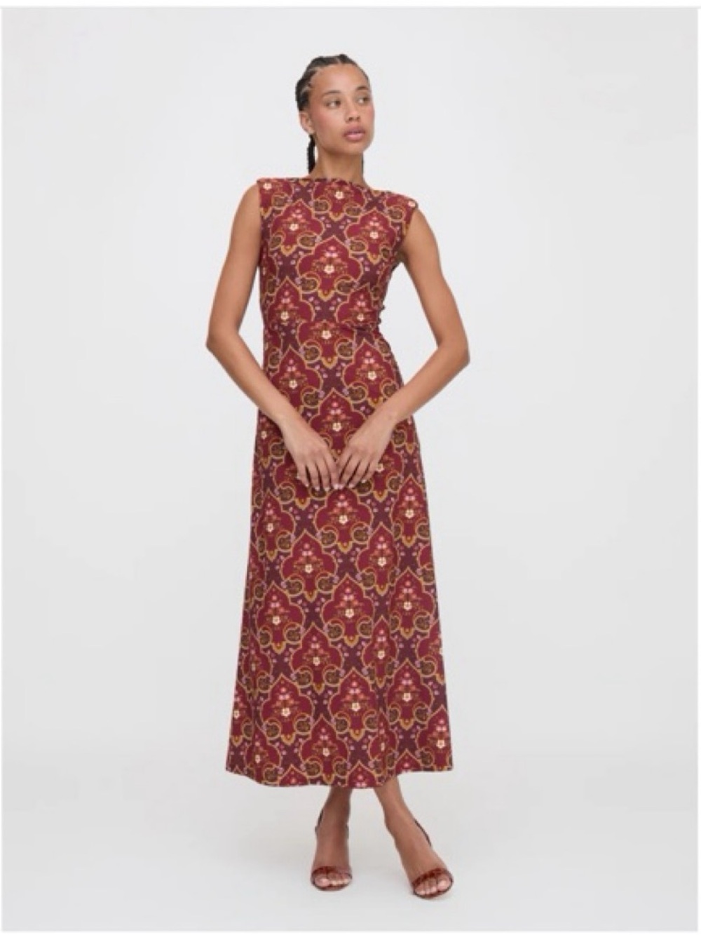 Hill House Sloane Dress Sleeveless Burgundy Patterned Midi Dress